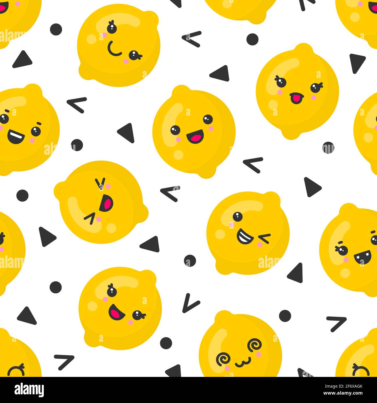Cute smiling lemon fruits, vector seamless pattern on white background ...