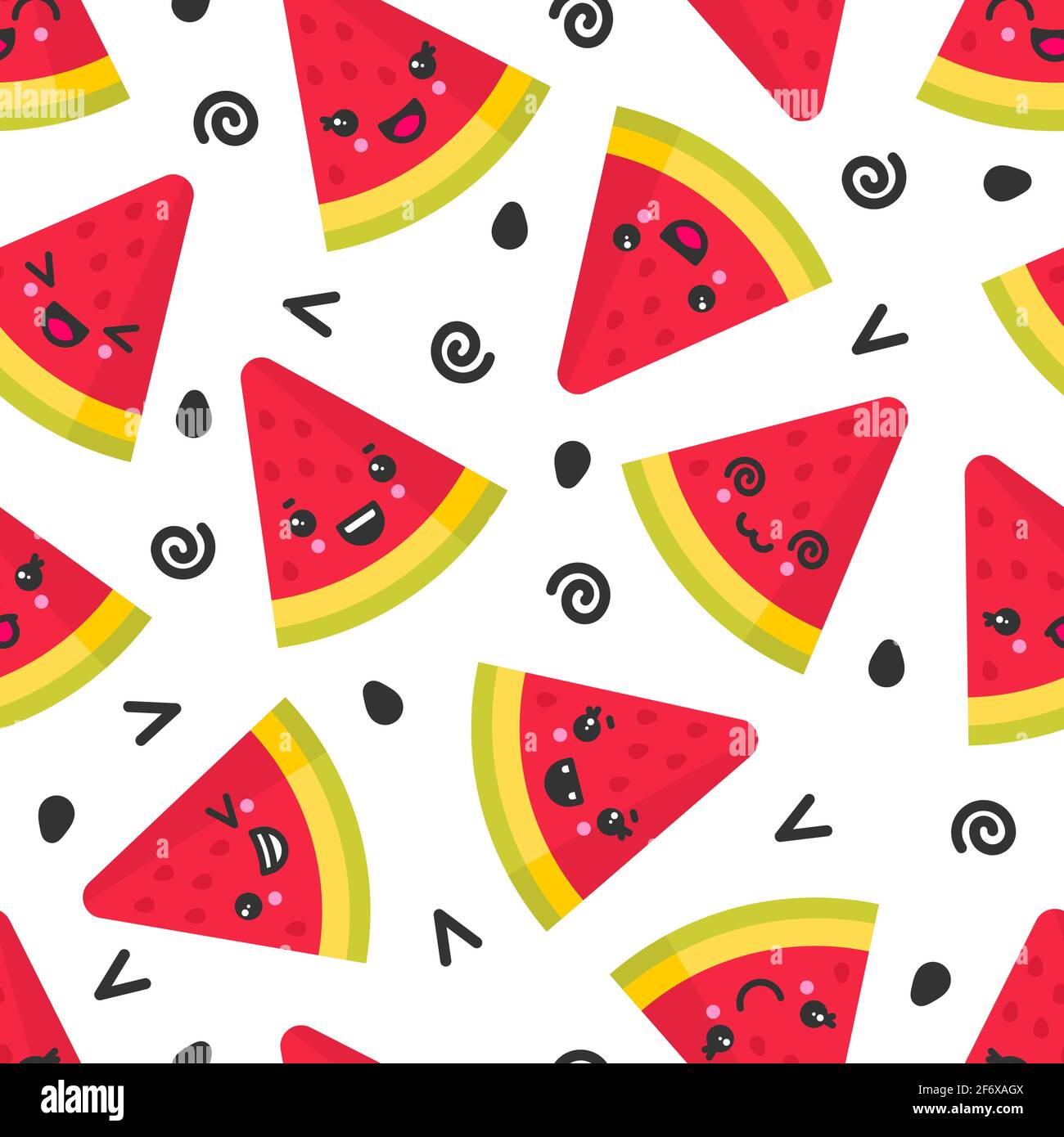 Cute smiling watermelon, vector seamless pattern on white background Stock Vector