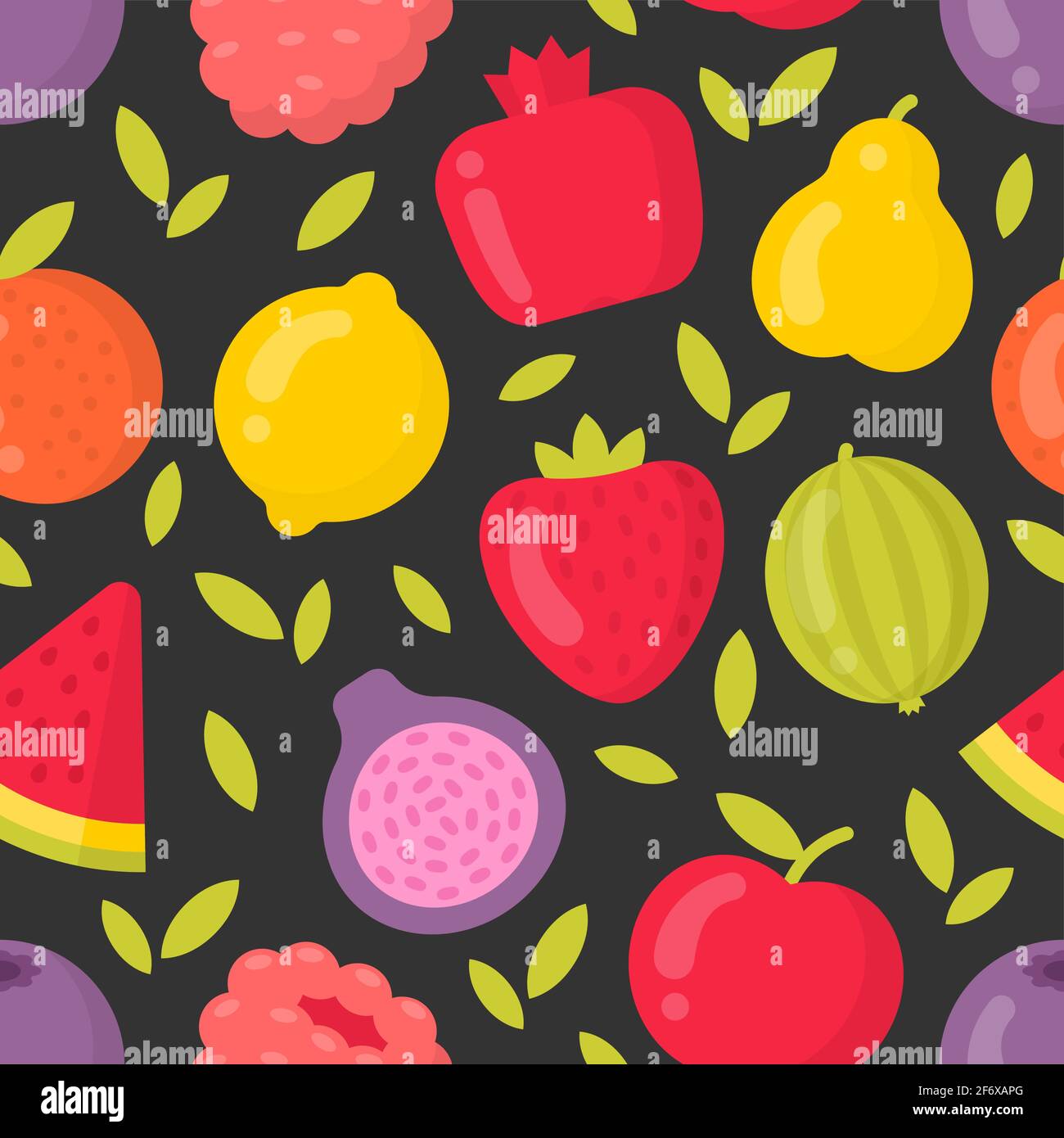 Bright fruits vector seamless pattern on dark background Stock Vector