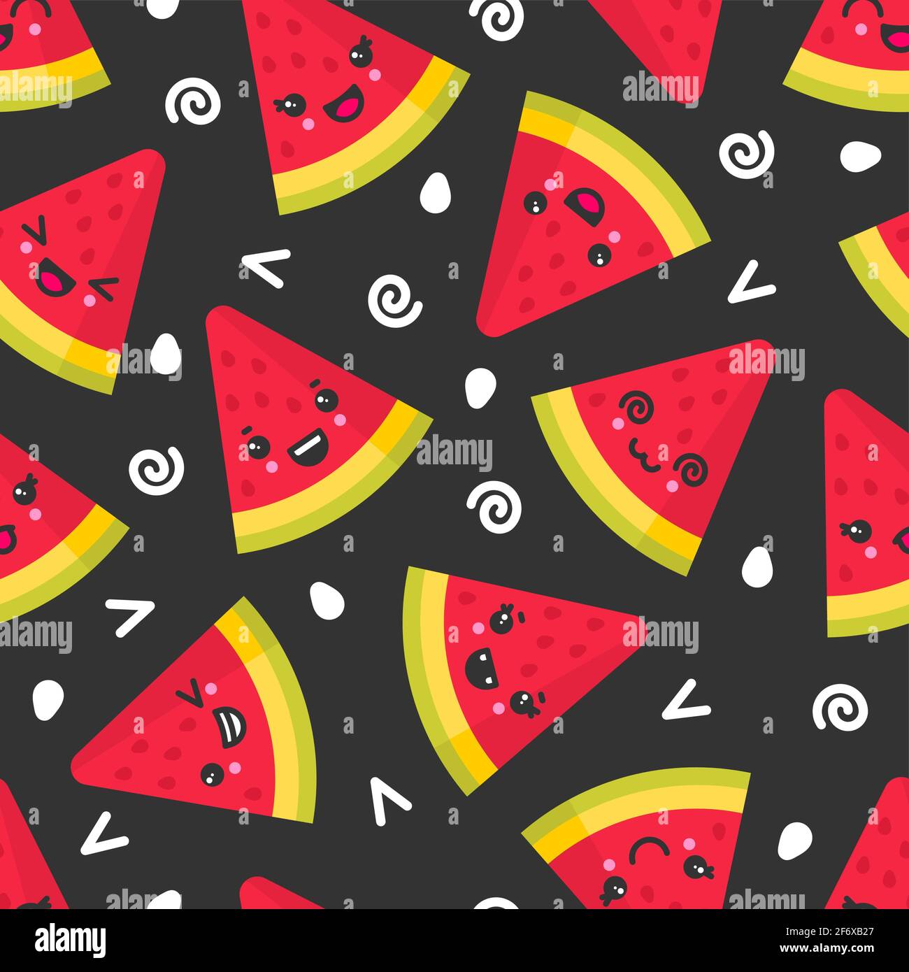Cute smiling watermelon, vector seamless pattern on dark background Stock Vector