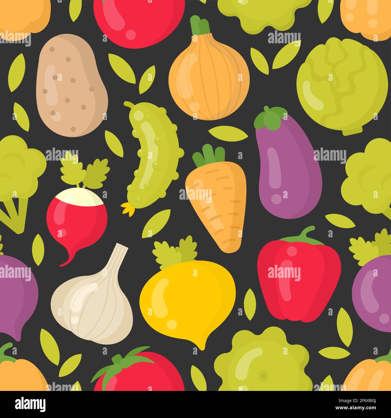 Bright vegetables vector seamless pattern on dark background Stock Vector