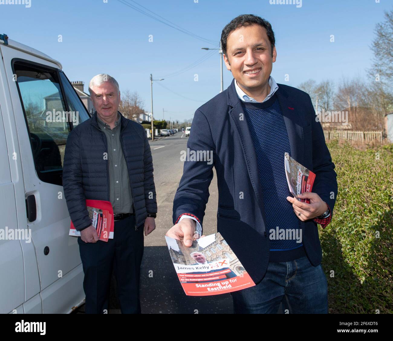 Glasgow, Scotland, UK. 3rd Apr, 2021. PICTURED: (left) James Kelly MSP; (right) Anas Sarwar MSP. Scottish Labour Leader, Anas Sarwar MSP joins James Kelly MSP on the campaign trail in Rutherglen. Credit: Colin Fisher/Alamy Live News Stock Photo