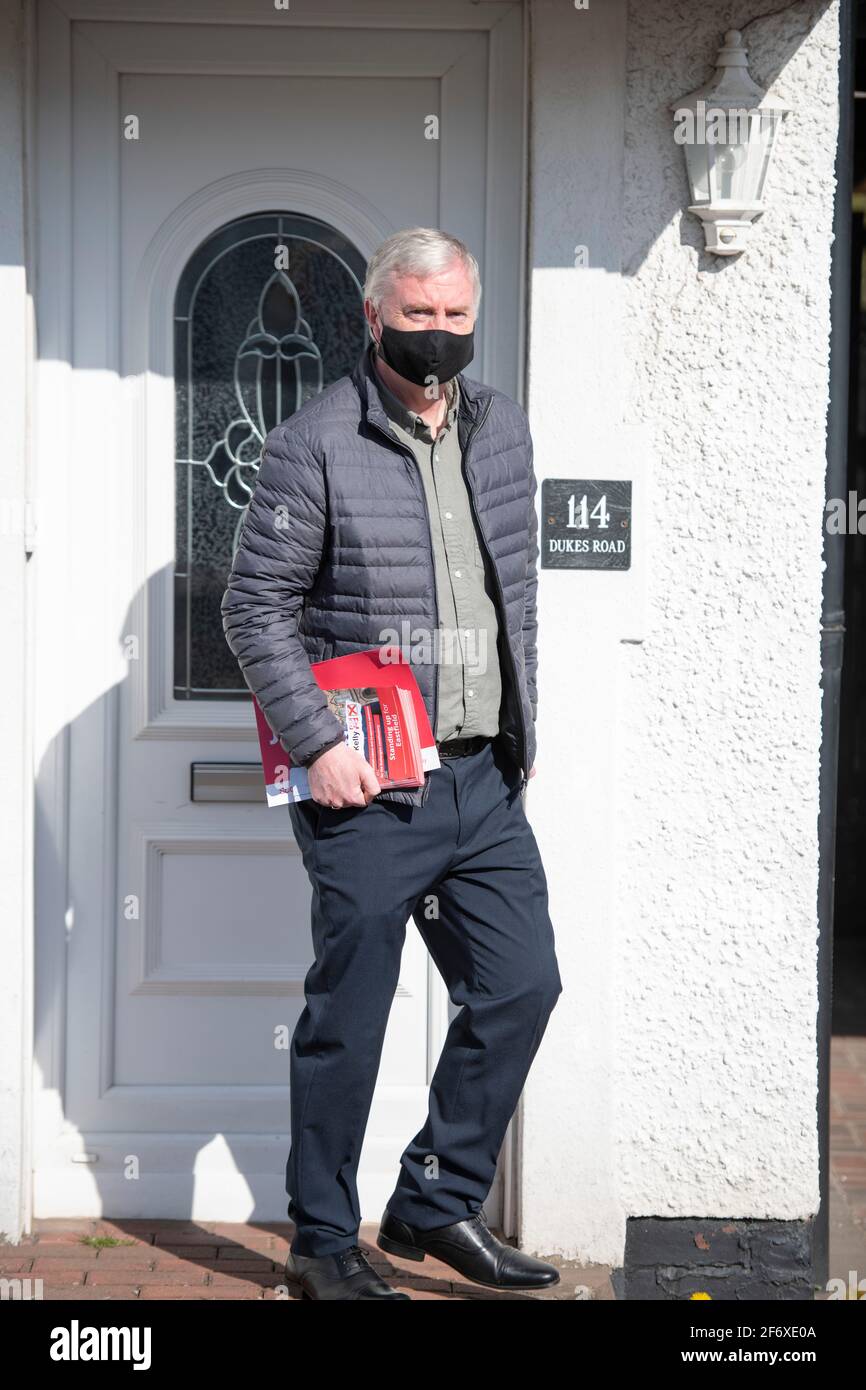 Glasgow, Scotland, UK. 3rd Apr, 2021. PICTURED: James Kelly MSP. Scottish Labour Leader, Anas Sarwar MSP joins James Kelly MSP on the campaign trail in Rutherglen. Credit: Colin Fisher/Alamy Live News Stock Photo