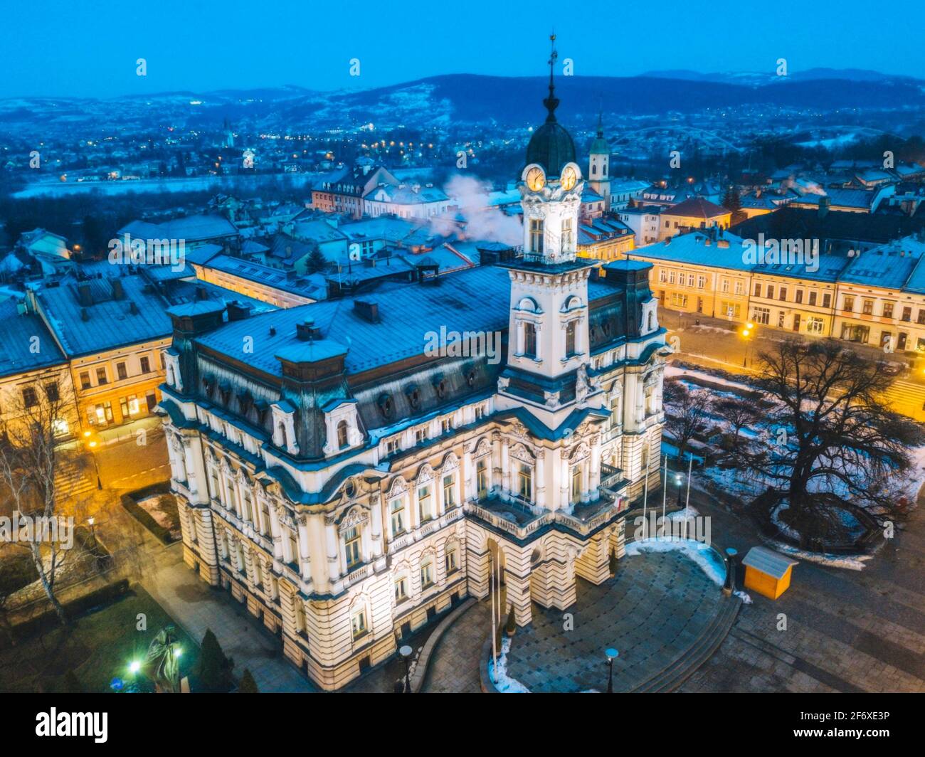 nowy-sacz-city-hall-at-dawn-nowy-sacz-lesser-poland-poland-stock