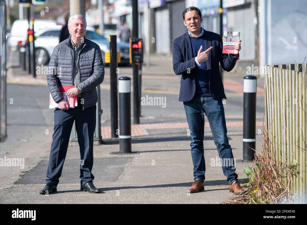 Glasgow, Scotland, UK. 3rd Apr, 2021. PICTURED: Anas Sarwar MSP. Scottish Labour Leader, Anas Sarwar MSP joins James Kelly MSP on the campaign trail in Rutherglen. Credit: Colin Fisher/Alamy Live News Stock Photo