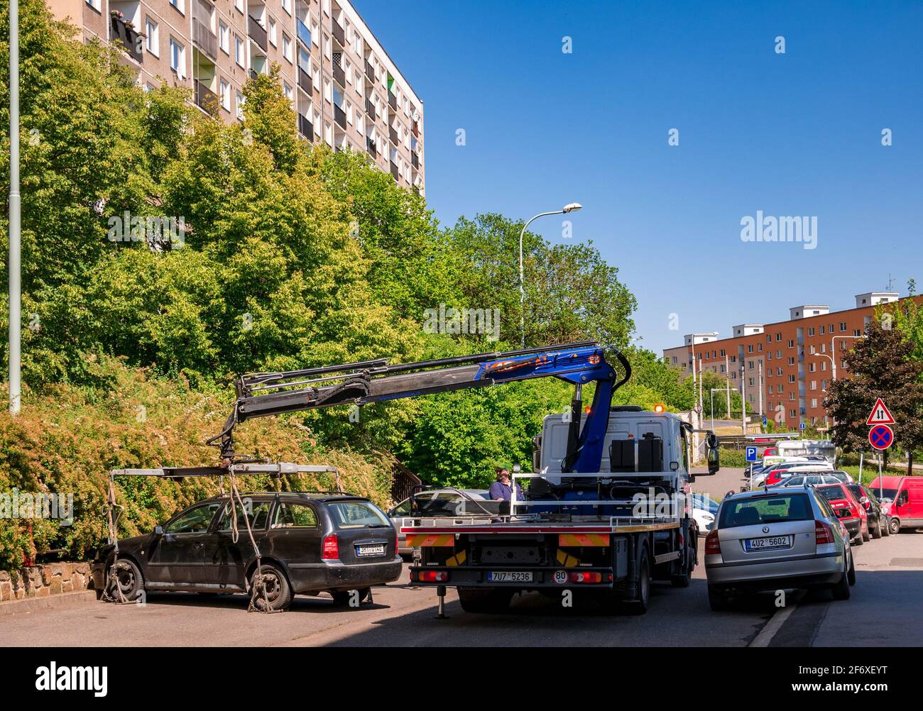 Usti nad Labem, Czech republic - 5.21.2018: Towing service car raises a car. Stock Photo
