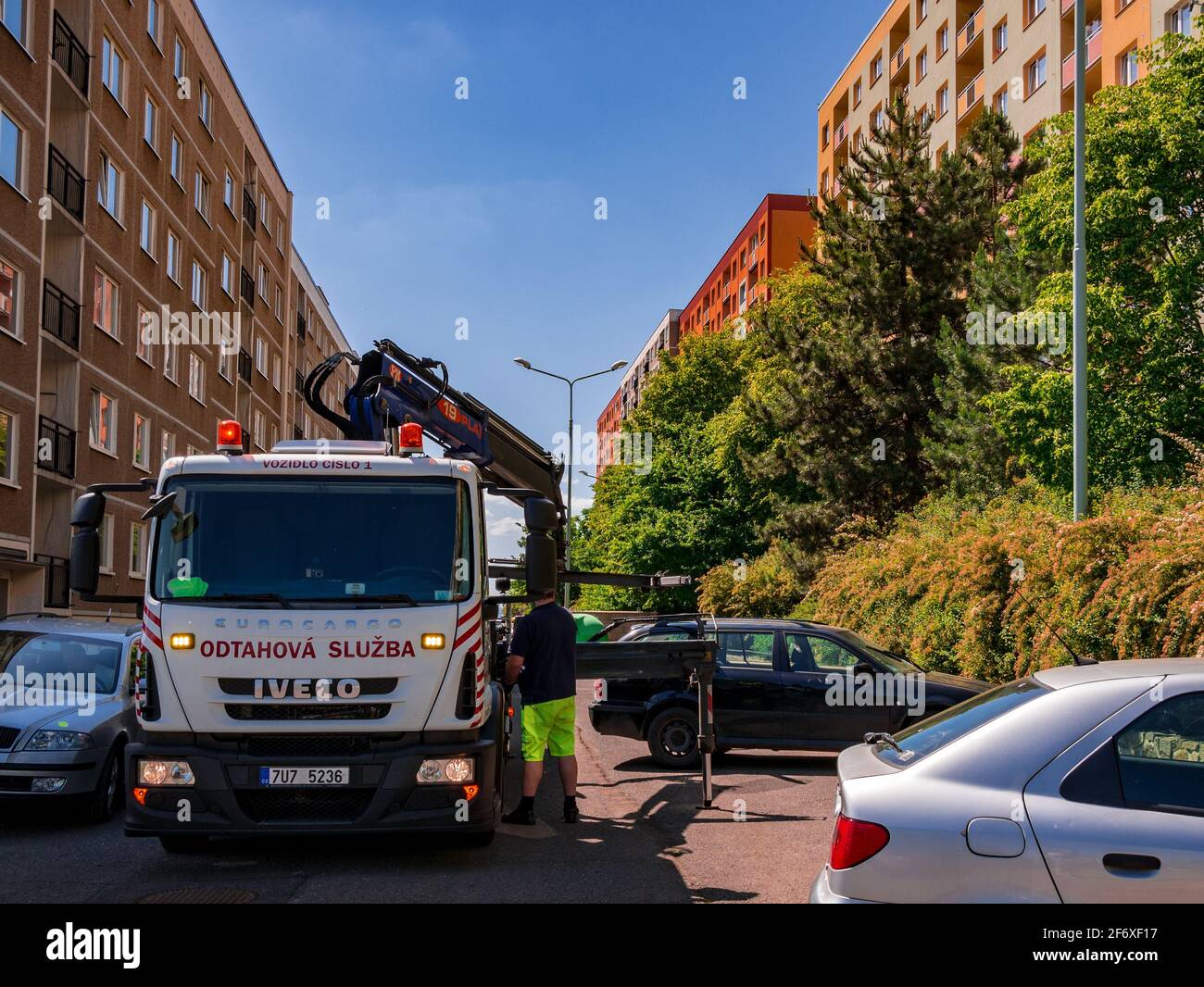 Usti nad Labem, Czech republic - 5.21.2018: Towing service car raises a car. Stock Photo