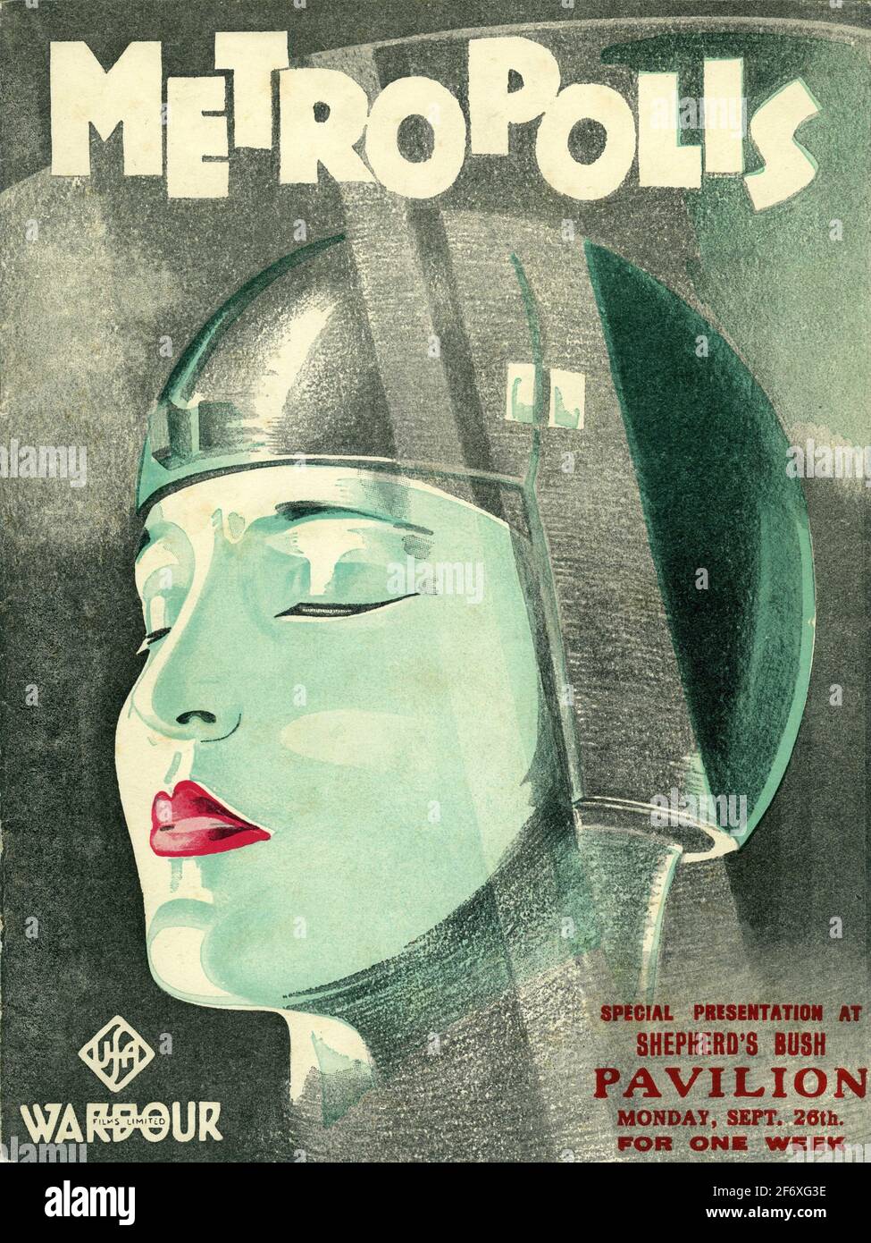 Front Cover of British Original Release Programme with artwork of BRIGITTE HELM as Maria / The Robot in METROPOLIS 1927 director FRITZ LANG novel and screenplay Thea von Harbou Universum Film (UFA) Stock Photo