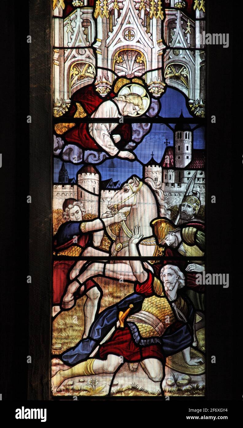 A stained glass window by Burlison and Grylls depicting, the conversion of Saul on the road to Damascus, All Saints Churc Stock Photo