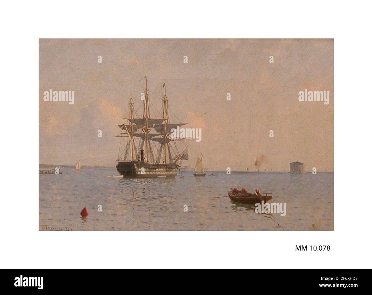 Oil painting.Oil painting within gilding, richly ornamented frame.Showing line ship Stockholm on Karlskrona Redd with lighthouse good night in the background.Signed: A. Ahlberg 87 (rather unclear signing). The motif dim.= 360 x 230 mm RAM dim.= 640 x 520 mm The artist Arvid Ahlberg (1851-1932) from Karlskrona was Lieutenant in the Navy's none1887 - 1887. Stock Photo