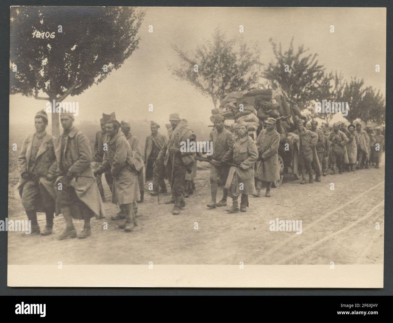The picture shows French prisoners of war on the march on a country ...