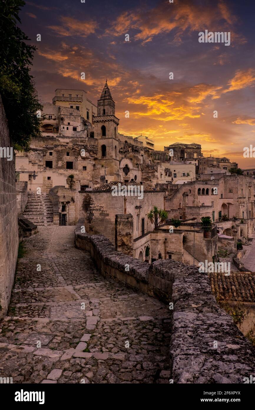 Cityscape at Golden Hour, Matera, Basilicata, Italy Stock Photo