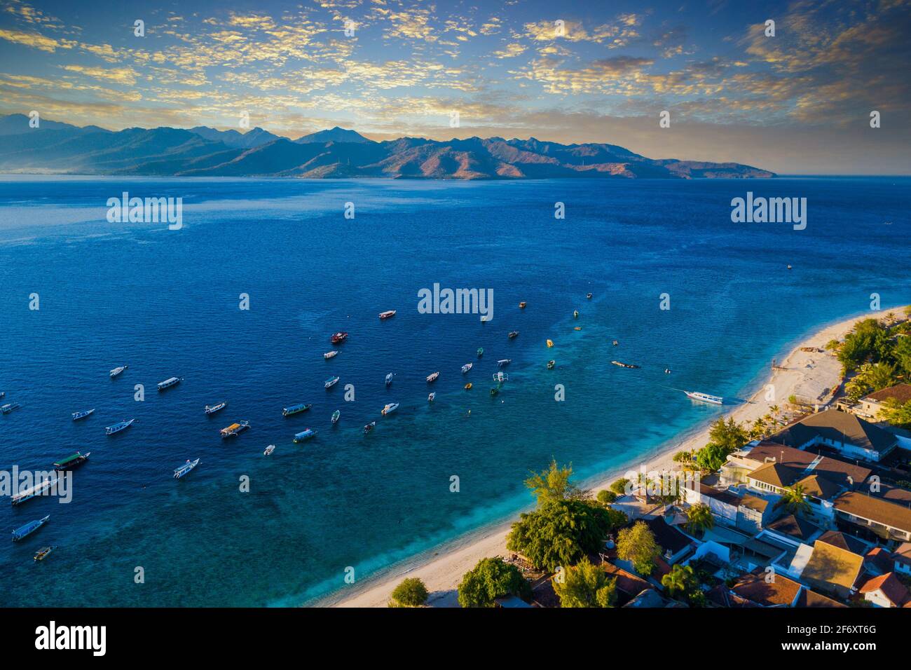 Aerial view of Gili Trawangan beach and boats anchored in ocean, Lombok, West Nusa Tenggara, Indonesia Stock Photo