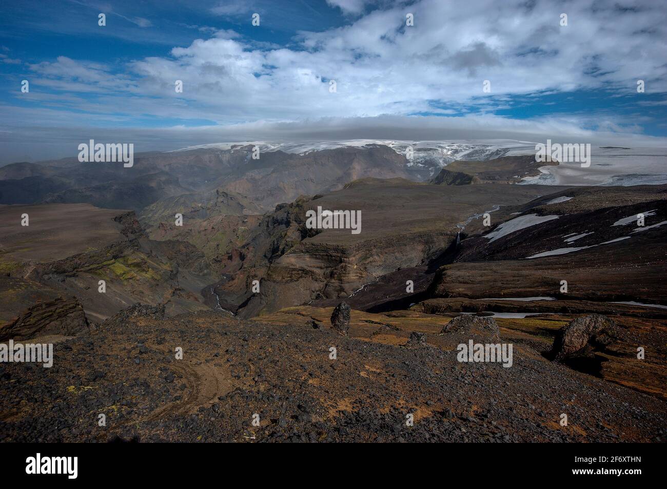 Dramatic landscape along the Landmanalaugar to Thorsmork hiking trail, South Iceland, Iceland Stock Photo