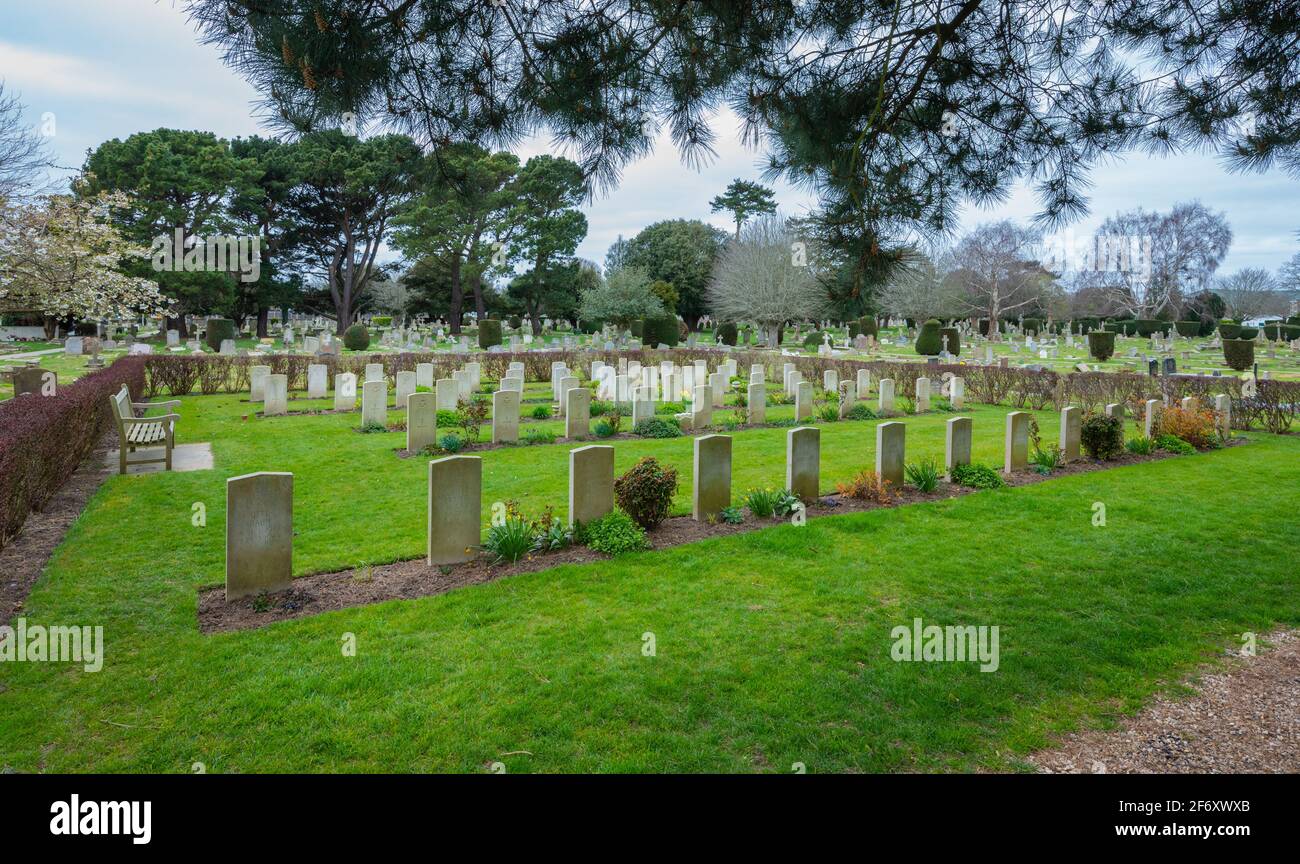 Commonwealth War Graves from first and second world wars in Littlehampton Cemetery in Littlehampton, West Sussex, England, UK. CWGC. Stock Photo