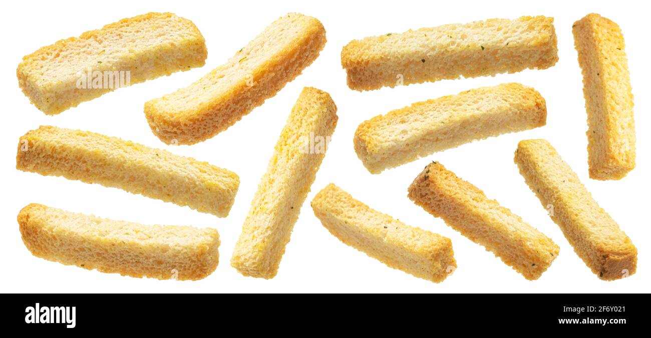 White bread croutons, salted bread sticks isolated on white background Stock Photo