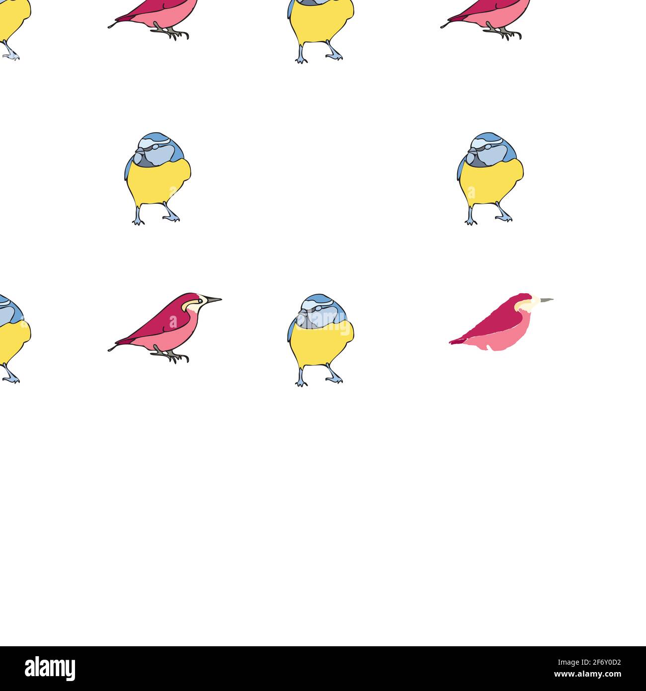 Vector white background blue red birds seamless pattern. Blue tit ...