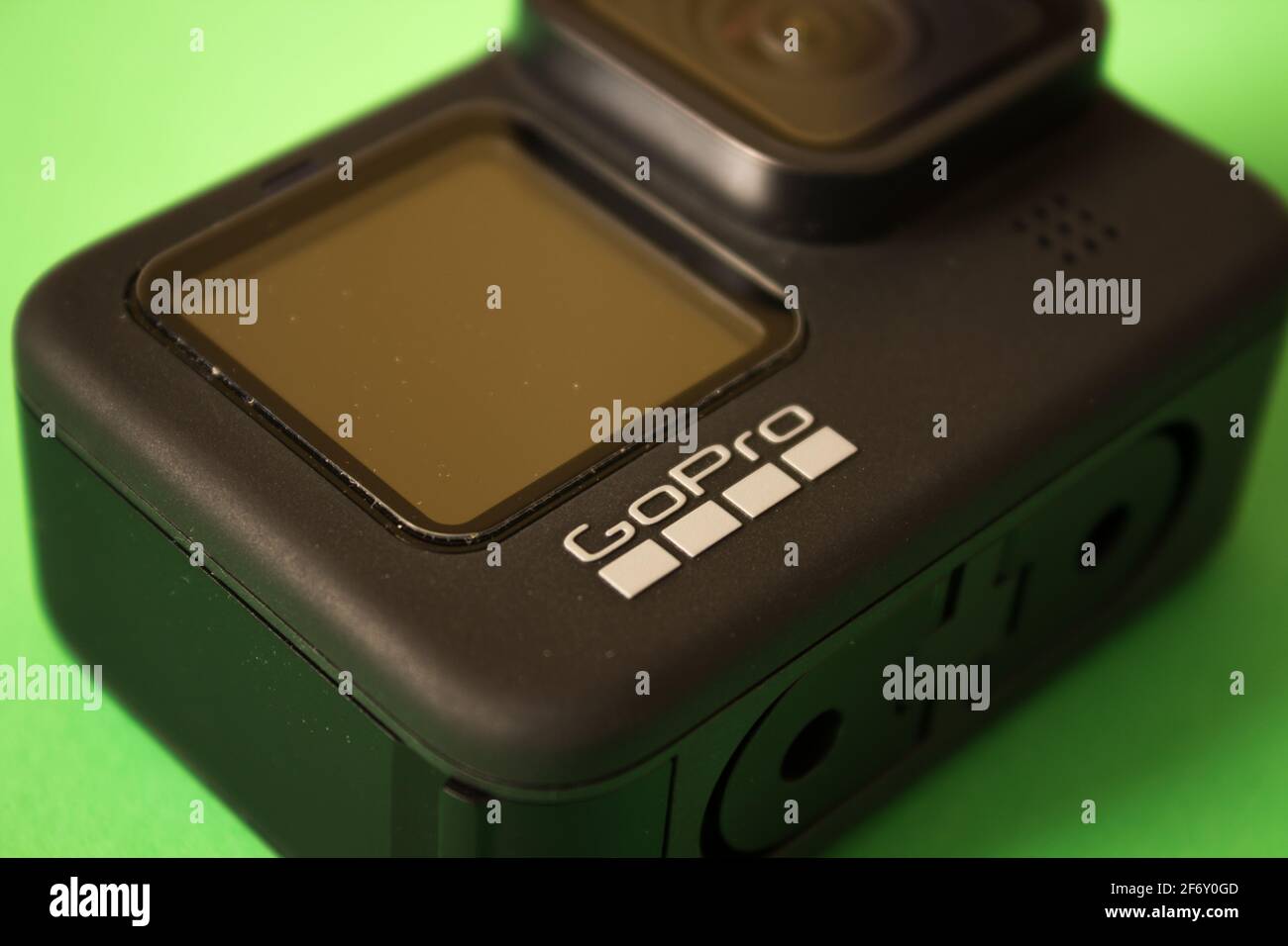 Avola Sicily April 3rd 21 Gopro Hero 9 Black On A Green Background Close Up Of The Front Logo View Of The Front Side Of The Object Stock Photo Alamy