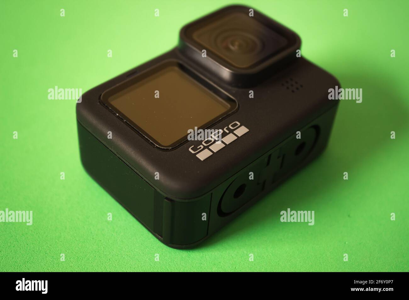 Avola Sicily April 3rd 21 Gopro Hero 9 Black On A Green Background View Of The Front Side Of The Action Camera Stock Photo Alamy