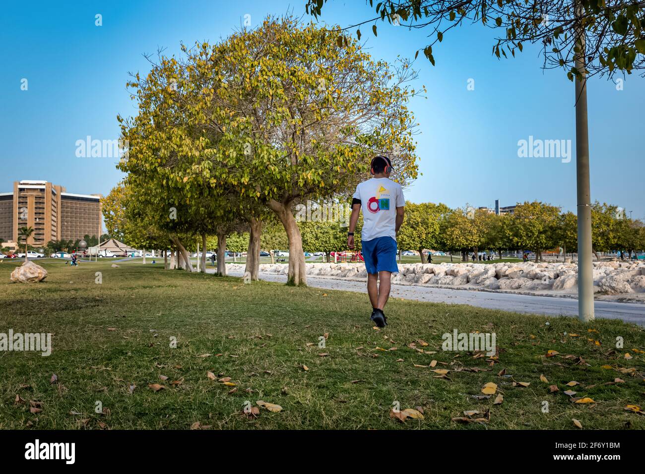 An Arab young man morning run in Al Khobar Corniche sea side. Khobar
