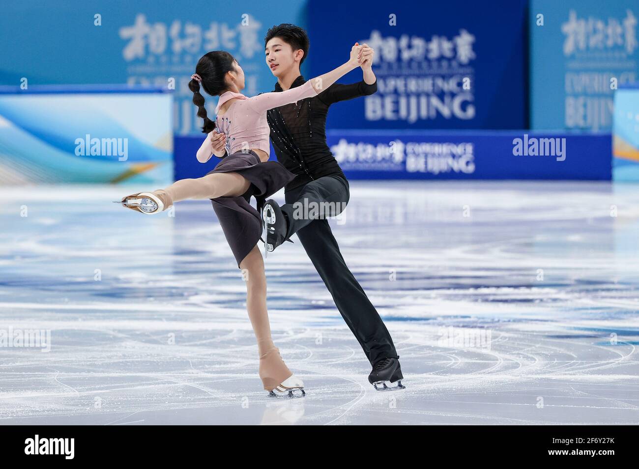 Beijing, China. 3rd Apr, 2021. Skaters compete during a figure skating test  program at the Capital Gymnasium in Beijing, April 3, 2021. A 10-day ice  sports test program for the 2022 Olympic