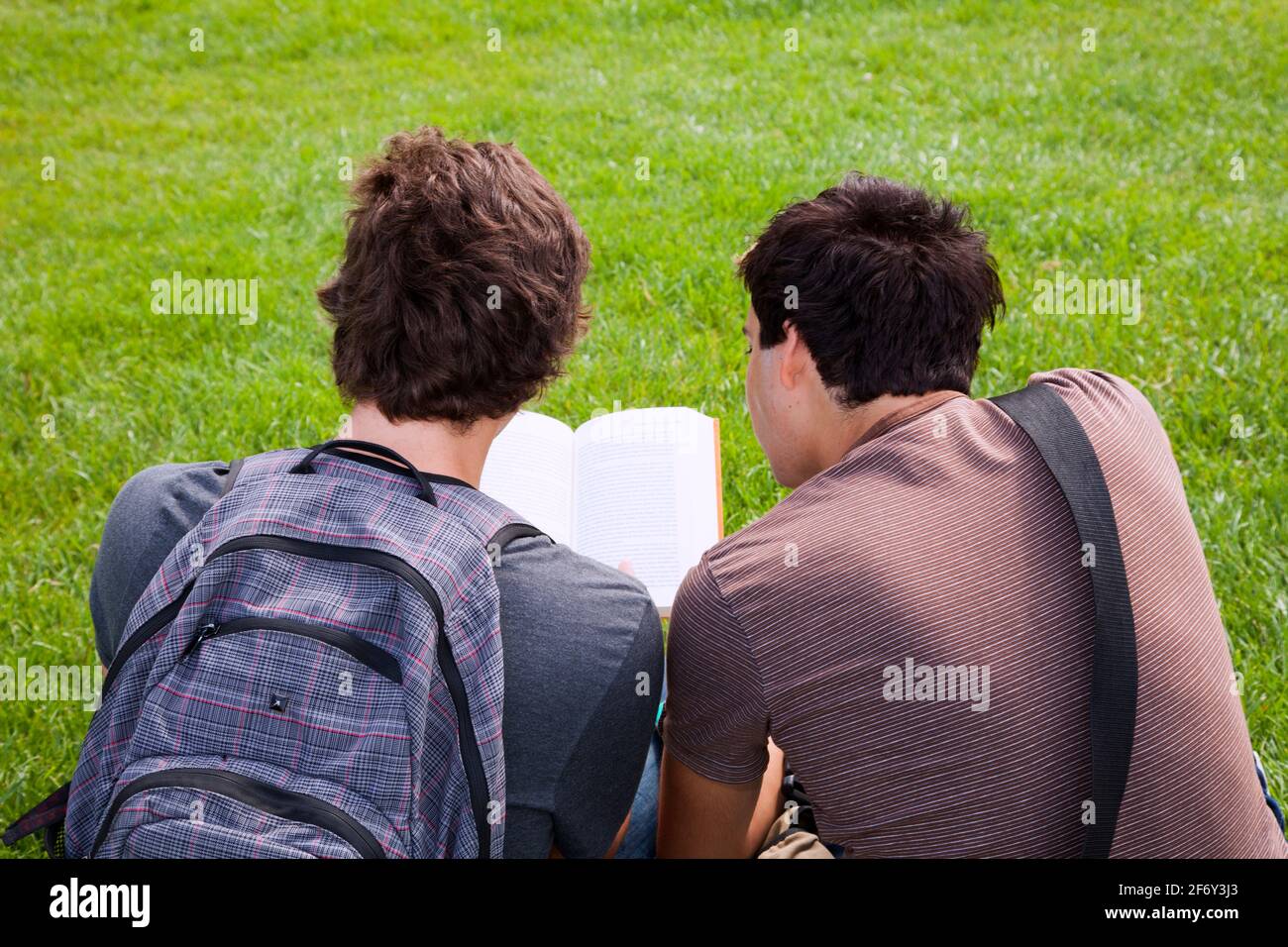 two young student reading books at the school park Stock Photo