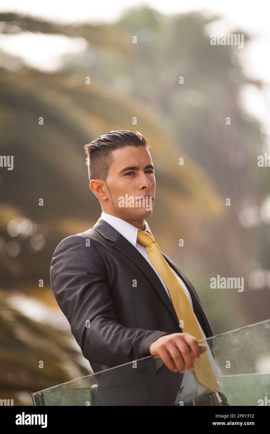 Confident young businessman at his office balcony Stock Photo