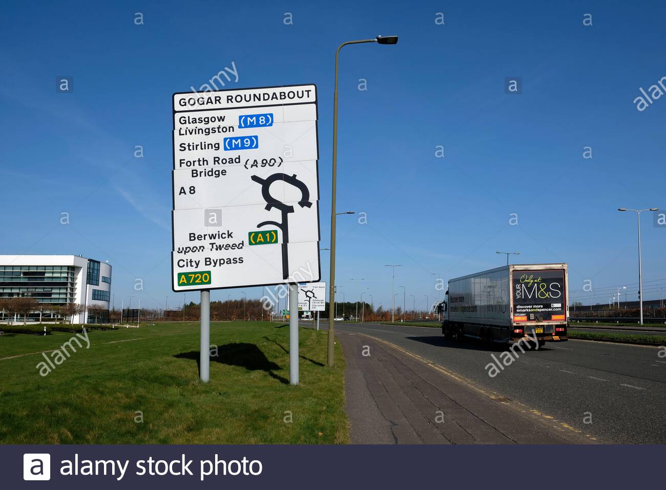 Gogar roundabout road sign, Edinburgh, Scotland Stock Photo