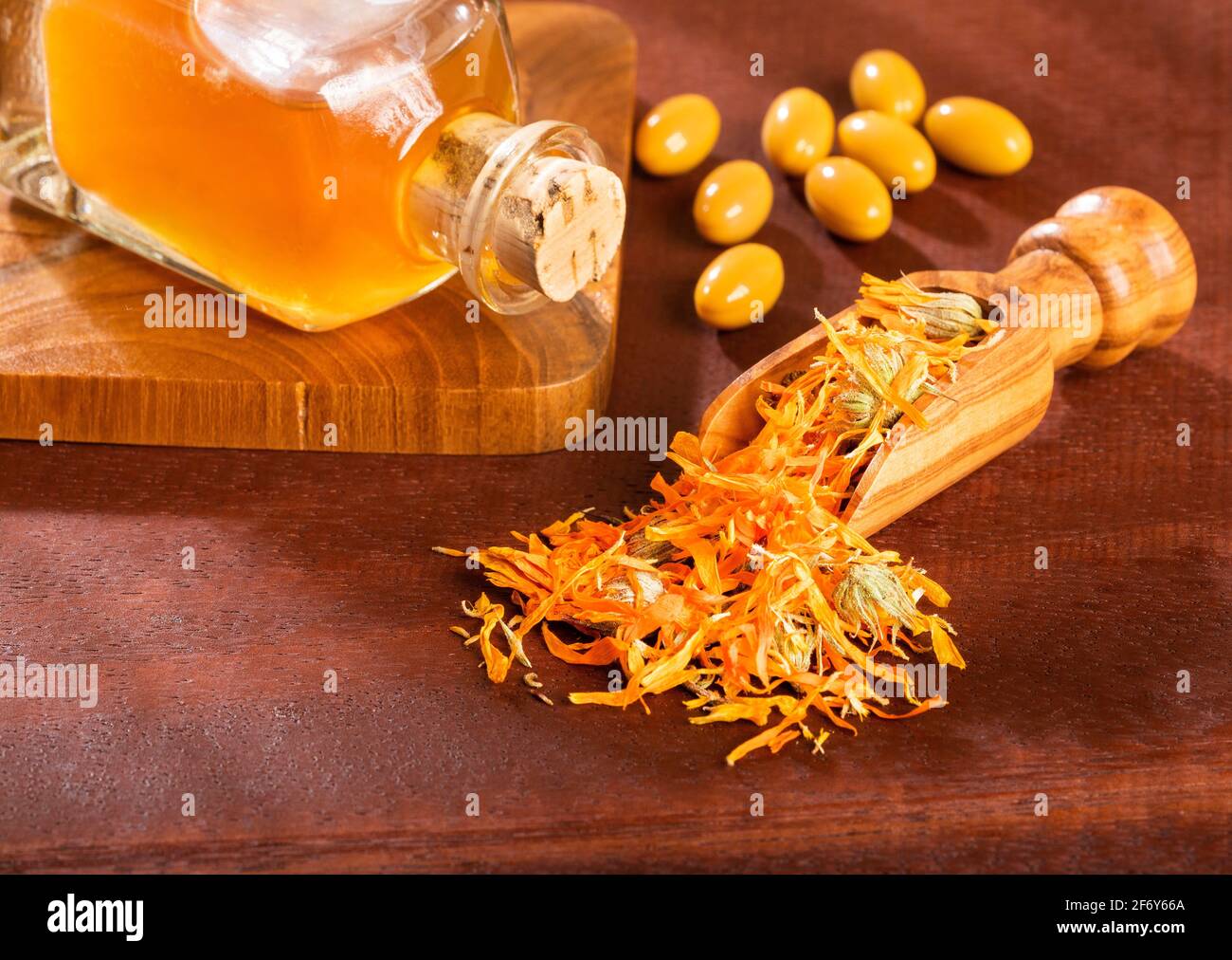 Calendula capsules. Alternative Medicine Calendula officinalis Stock