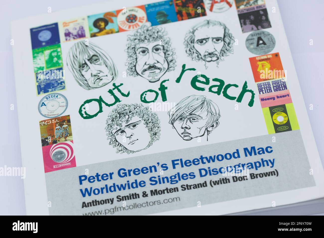 View of Out of Reach, Peter Green's Fleetwood Mac Worldwide Singles Discography book by Anthony Smith, Morten Strand on a white background Stock Photo