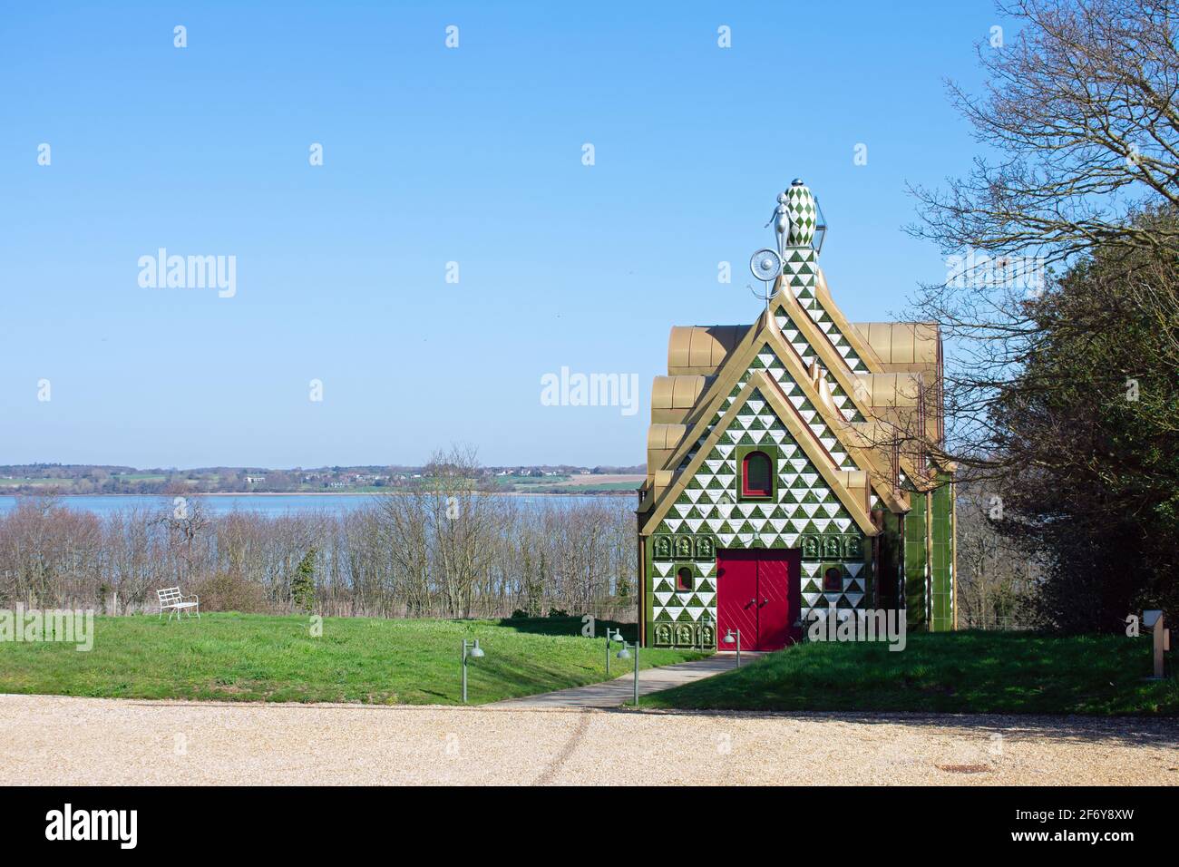 Looking towards the River Stour and across to Suffolk from the driveway of A House For Essex by Grayson Perry in Wrabness, Essex, UK Stock Photo