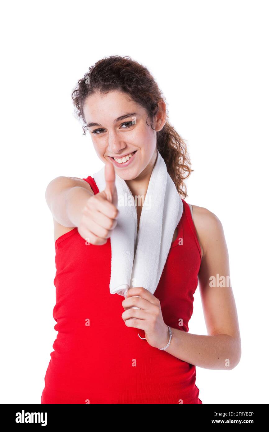 Happy Young woman show thumb up after sport  (isolated on white) Stock Photo