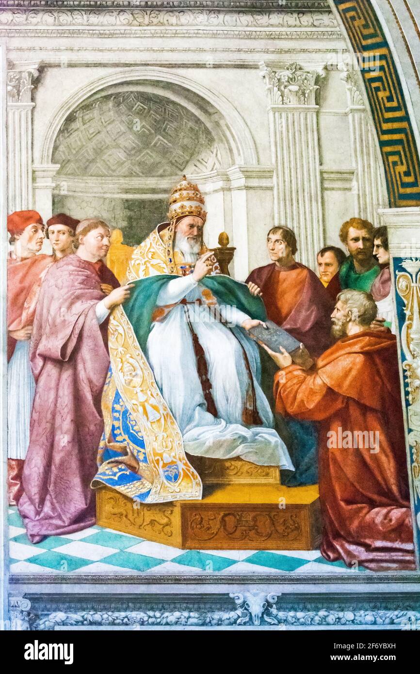 Vatican - Oct 06, 2018: The Delivery of the Decretals to Pope Gregory IX, room of the signature,the Raphael Rooms,Raphael,Vatican museums, Italy Stock Photo