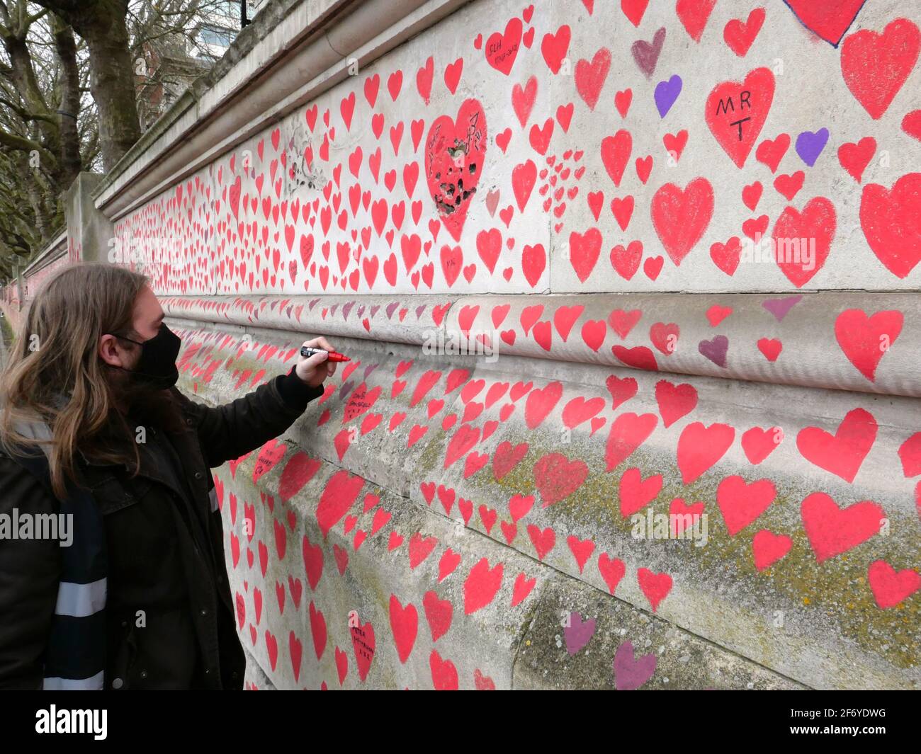 150000 hearts painted in London to represent lives lost to Covid 19 across the UK .Each heart represents someone who was loved and was lost too soon to Covid - 19 . Matt Fowler , co Founder said when they started painting the hearts .Labour leader Keir Starmer arrived and showed support . Hopefully the council will seal the hearts once they are finished so it can become a permanent memorial for those who lost there lives and hopefully  a public enquiry can take place to investigate the failings of the Tory Government in order to learn lessons quickly  and prevent further loss of life ... Stock Photo