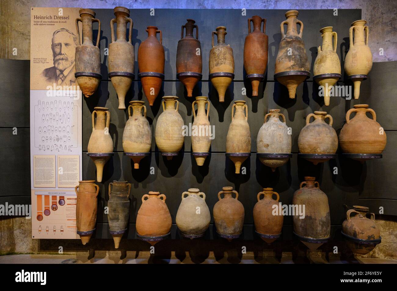 Rome. Italy. Collection of assorted ancient Roman amphorae on display at the Museum of the Imperial Fora at Trajan's Markets (Museo dei Fori Imperiali Stock Photo