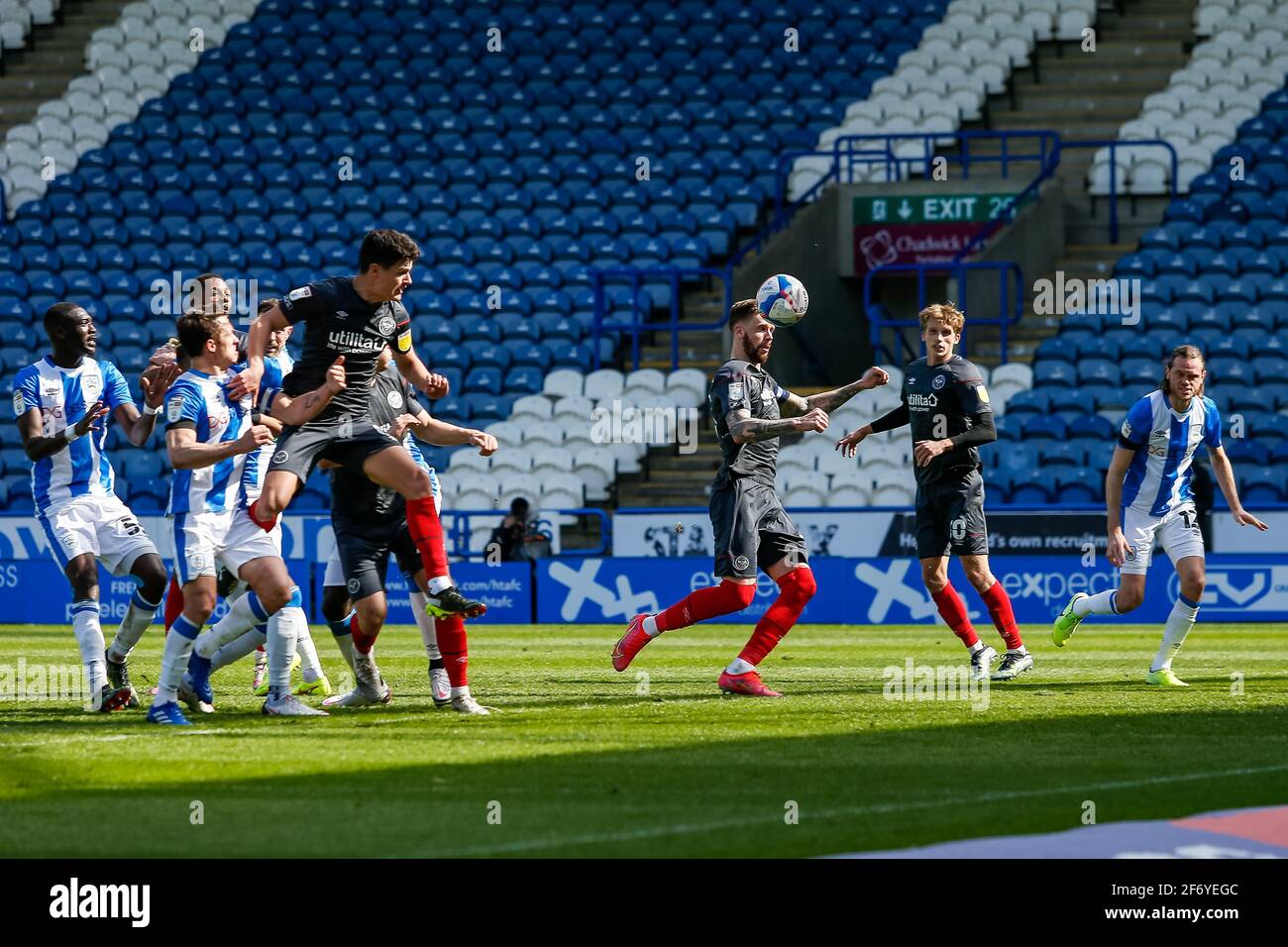 Pontus Jansson #18 of Brentford attempts to head the ball at goal  in Huddersfield, UK on 4/3/2021. (Photo by James Heaton/News Images/Sipa USA) Stock Photo