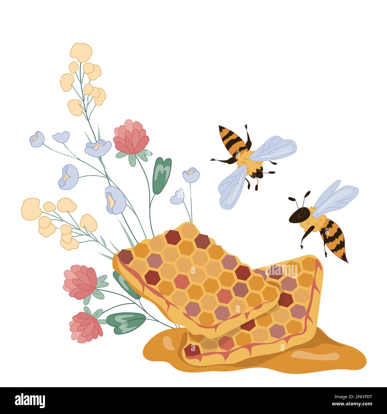 Honeycomb with flying above it bees and flowers, flat vector ...