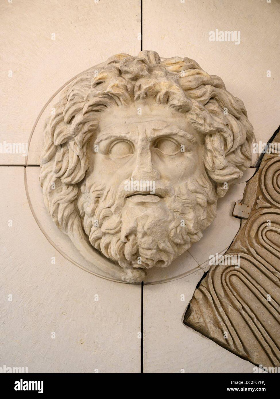 Rome. Italy. Museum of the Imperial Fora (Museo dei Fori Imperiali). Head of Jupiter Ammon, from a reconstruction of a section of the attic from one o Stock Photo