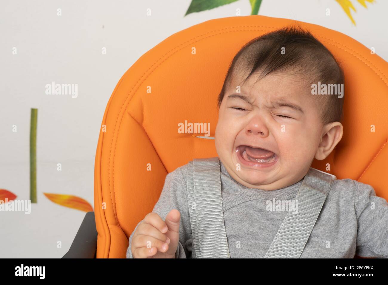 Six month old baby boy in high chair crying, closeup Stock Photo