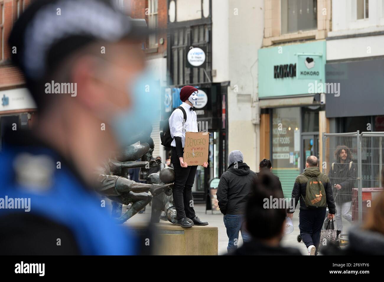 Leicester, Leicestershire, UK 3rd Apr 2021. UK News. A Kill The Bill protest is held in Leicester City Centre opposing a proposed police bill that would give police officers power to impose conditions on non-violent protests. Alex Hannam/Alamy Live News Stock Photo