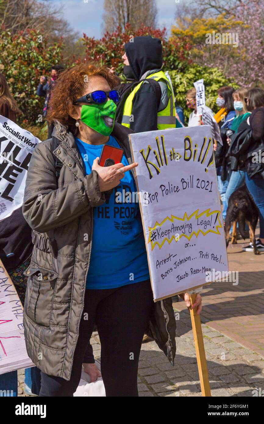 Bournemouth, Dorset UK. 3rd April 2021. 'Kill the Bill' protest in Bournemouth in opposition to the Police, Crime, Sentencing and Courts Bill 2021 that is currently before Parliament. The proposed Bill would give police in England and Wales more power to impose conditions on non-violent protests. The protest is one of several taking place across the country as part of a plan for National Weekend of Action over Easter weekend whilst adhering to Covid-19 Coronavirus lockdown restrictions. Credit: Carolyn Jenkins/Alamy Live News Stock Photo