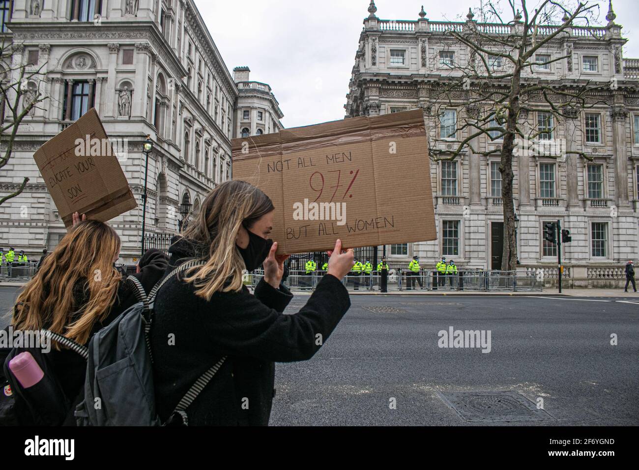 WESTMINSTER LONDON, UK 3 April 2021. Protesters mainly young women demonstrate peacefully in Parliament Square as they took part The 97% Women's march group to demand safety in the streets against sexual harassment following the murder of Sarah Everard who was kidnapped and later found murdered after after walking home from Clapham Common in 3 March Credit amer ghazzal/Alamy Live News Stock Photo