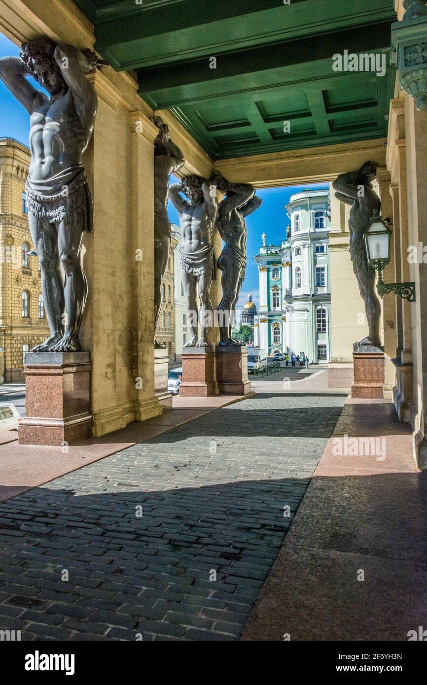 ST. PETERSBURG, RUSSIA - JULY 10, 2016: Statues of Atlantes neat the Hermitage, New Hermitage portico decorated with 10 figures of the Atlanteans scul Stock Photo