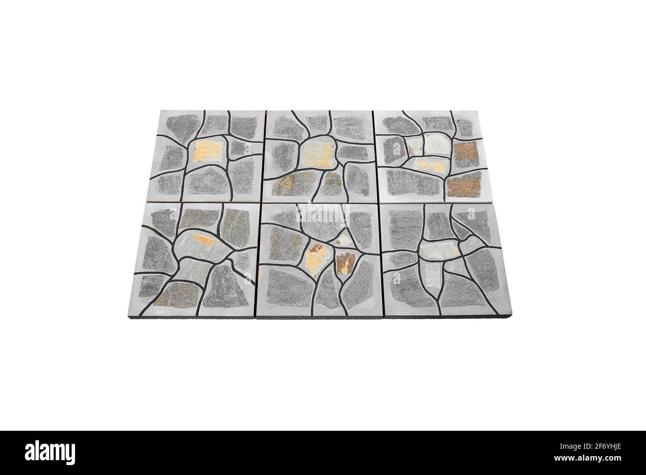 Grey Paving stone made of concrete isolated on white background. Tile has a flat upper surface without chamfer and fit snugly when paving. Stock Photo