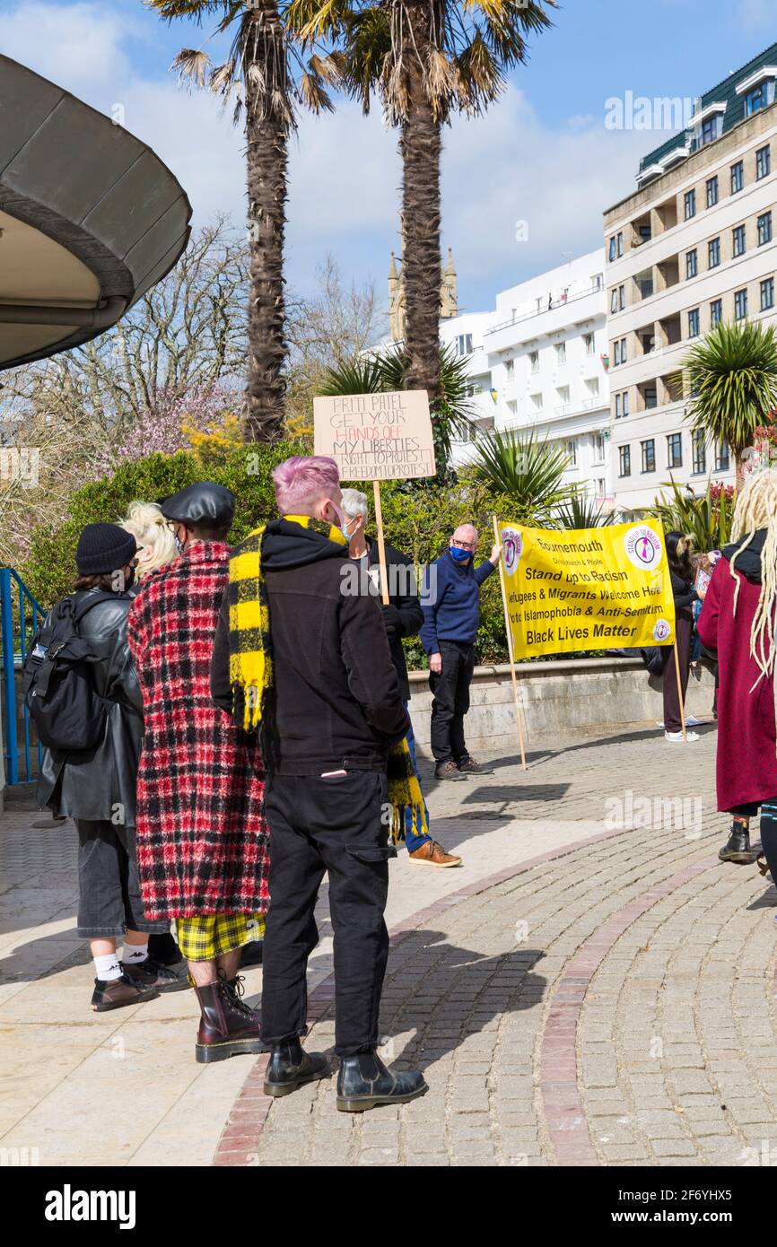 Bournemouth, Dorset UK. 3rd April 2021. 'Kill the Bill' protest in Bournemouth in opposition to the Police, Crime, Sentencing and Courts Bill 2021 that is currently before Parliament. The proposed Bill would give police in England and Wales more power to impose conditions on non-violent protests. The protest is one of several taking place across the country as part of a plan for National Weekend of Action over Easter weekend whilst adhering to Covid-19 Coronavirus lockdown restrictions. Priti Patel get your hands off my liberties placard. Credit: Carolyn Jenkins/Alamy Live News Stock Photo