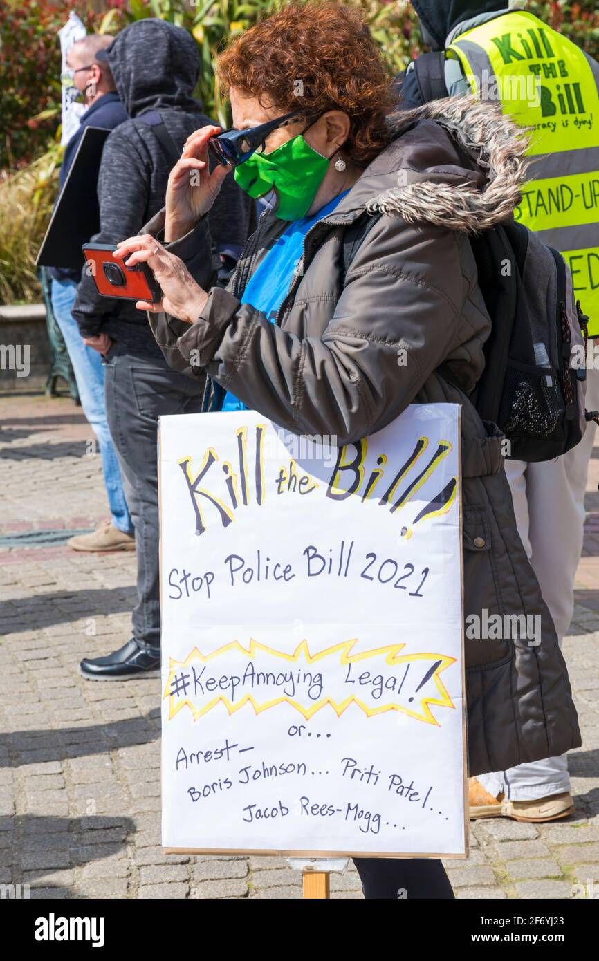Bournemouth, Dorset UK. 3rd April 2021. 'Kill the Bill' protest in Bournemouth in opposition to the Police, Crime, Sentencing and Courts Bill 2021 that is currently before Parliament. The proposed Bill would give police in England and Wales more power to impose conditions on non-violent protests. The protest is one of several taking place across the country as part of a plan for National Weekend of Action over Easter weekend whilst adhering to Covid-19 Coronavirus lockdown restrictions. Credit: Carolyn Jenkins/Alamy Live News Stock Photo