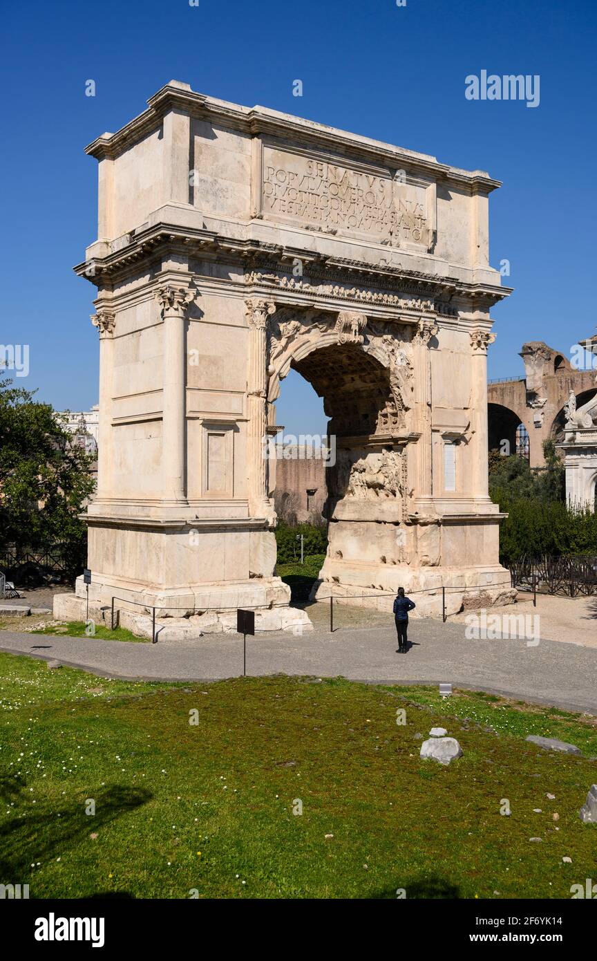 Rome. Italy. The Arch of Titus (Arco di Tito) 1st C AD, on the Via Sacra of the Roman Forum. Constructed by Roman Emperor Domitian to commemorate his Stock Photo