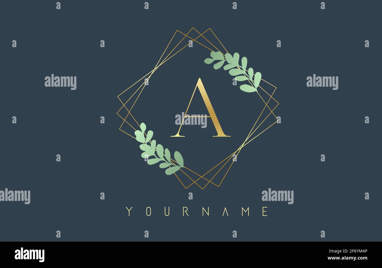 Golden Letter A Logo With golden square frames and green leaf design. Creative vector illustration with letter A  for beauty, fashion, jewelry, luxury Stock Vector
