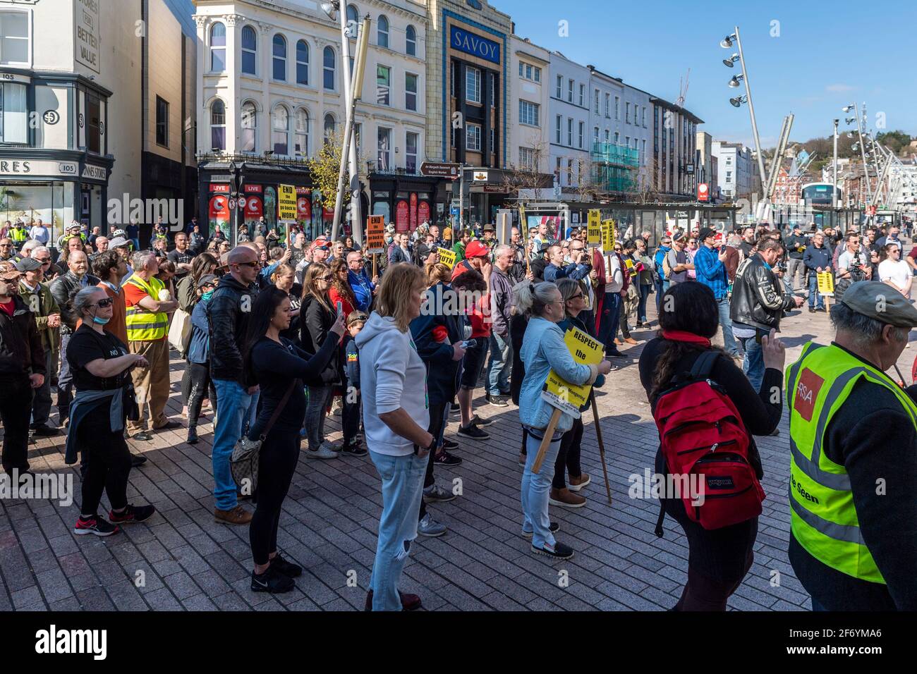 Cork, Ireland. 3rd Apr, 2021. An 'End the Lockdown' protest tokk place in Cork today, the second such event in the space of a month. Approximately 300 people attended in the midst of a heavy Garda presence. The protesters held a rally outside Brown Thomas on Patrick Street after the march. Credit: AG News/Alamy Live News Stock Photo