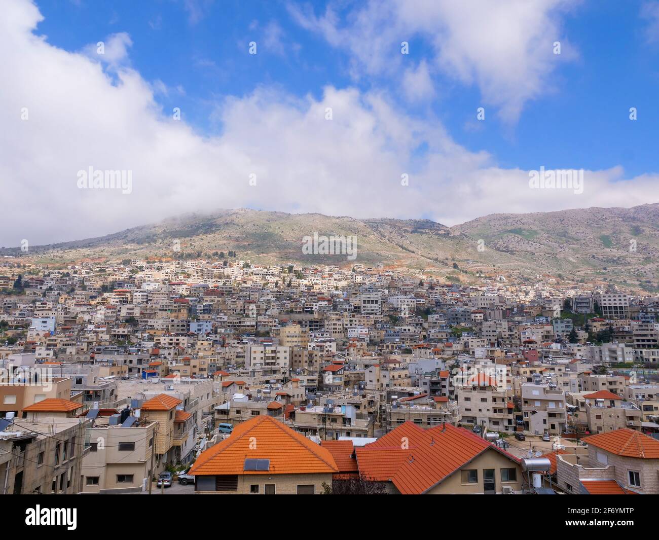 Majdal Shams Druze village houses on the slopes of Hermon mountain, Northern Israel. Stock Photo